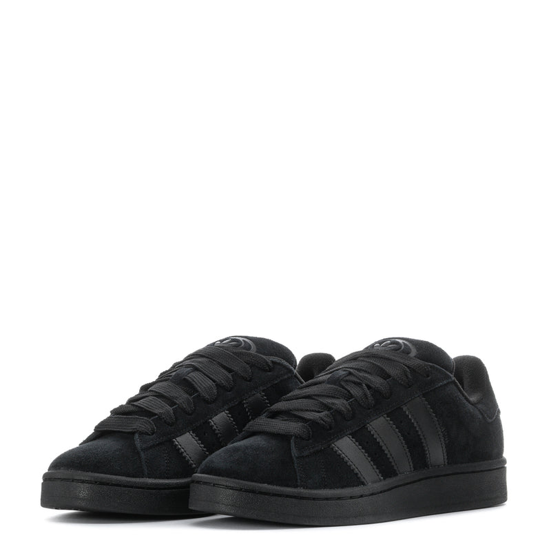 Black suede sneakers, front view pair with lace-up uppers and low rubber soles