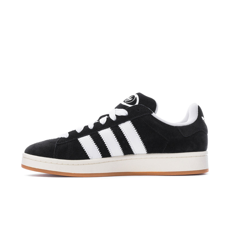 Men's adidas Campus 00s sneakers, side profile in black with white stripes and gum sole