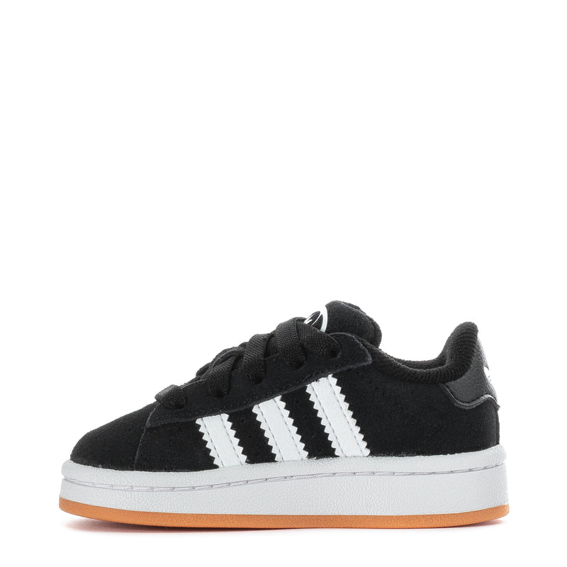 Toddler black sneakers with three white side stripes and lace-up front
