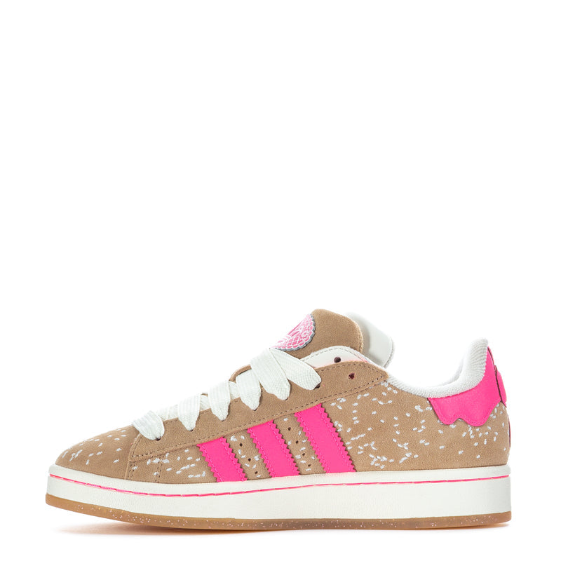 Women's low-top sneakers, tan speckled with hot-pink side stripes and white laces