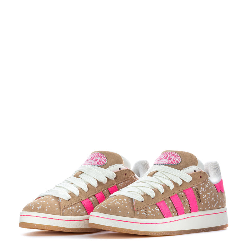 Women's Campus-style sneakers, tan with pink accents, white laces and white rubber sole