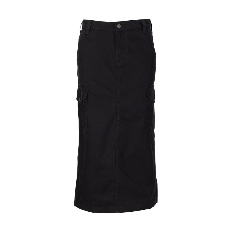 Black canvas cargo skirt for women, front view, button waist and side cargo pockets.