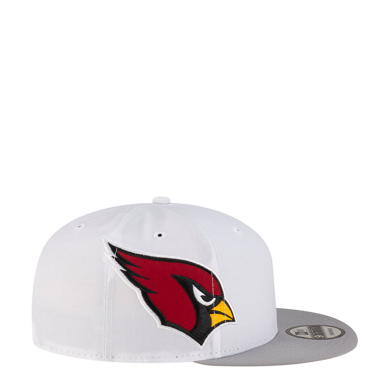 White snapback cap with bird logo patch in red, black, and yellow, gray brim