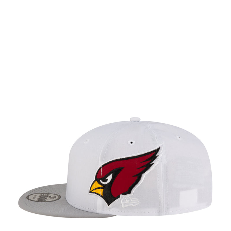 White snapback cap with front bird logo patch and gray brim