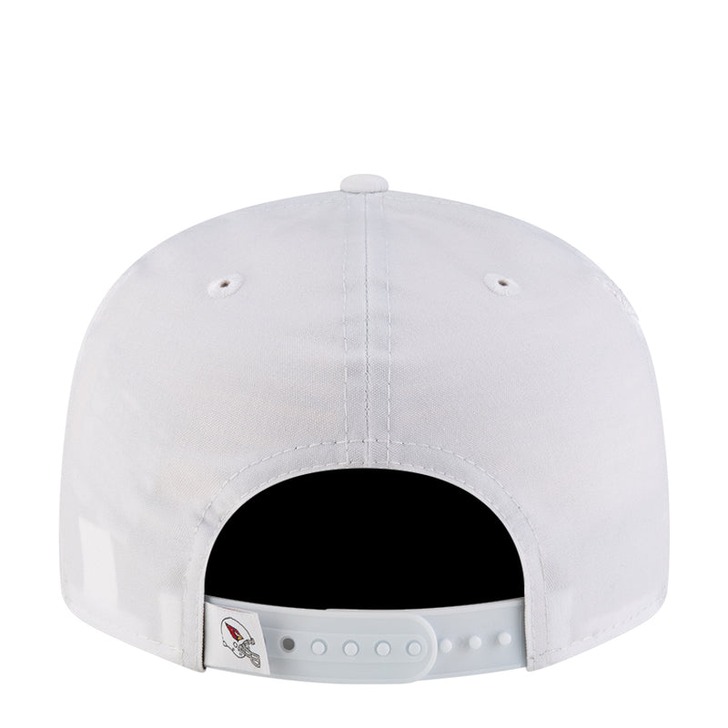 White snapback cap back view with ventilation holes and black interior band