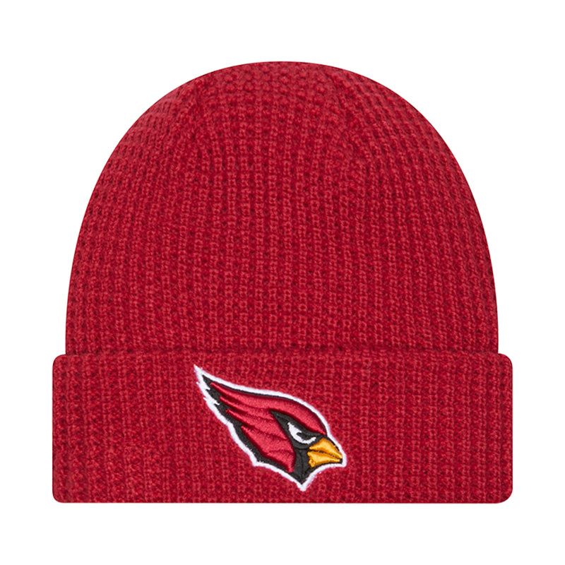 Red knit waffle beanie with Cardinals logo on front cuff