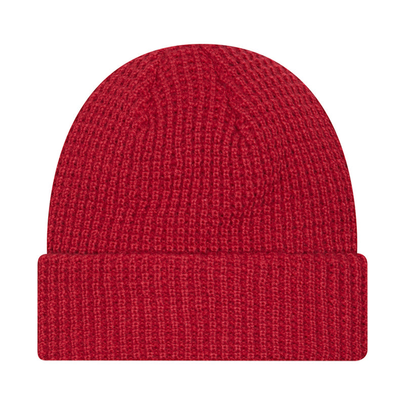 Red knit waffle beanie, ribbed cuff and textured knit
