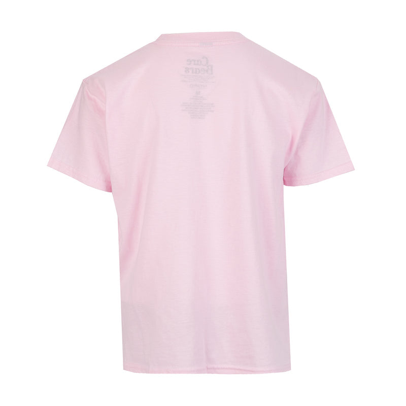 Youth light pink T-shirt, plain back with small printed text near collar