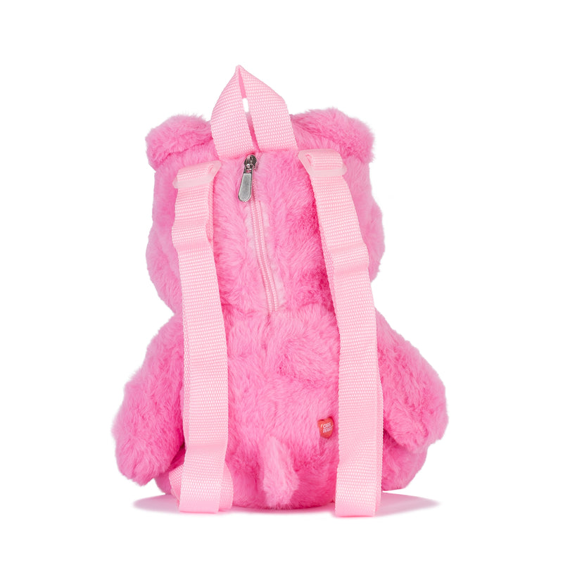 Pink plush bear backpack with zip front and adjustable shoulder straps