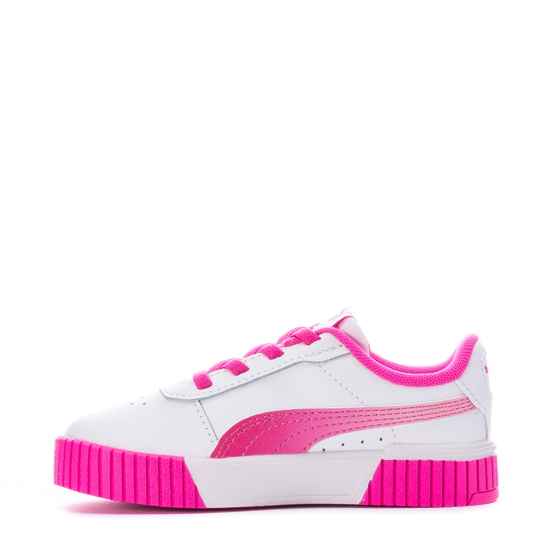 Toddler white Puma sneakers with pink suede panel, lace-up front, chunky pink outsole