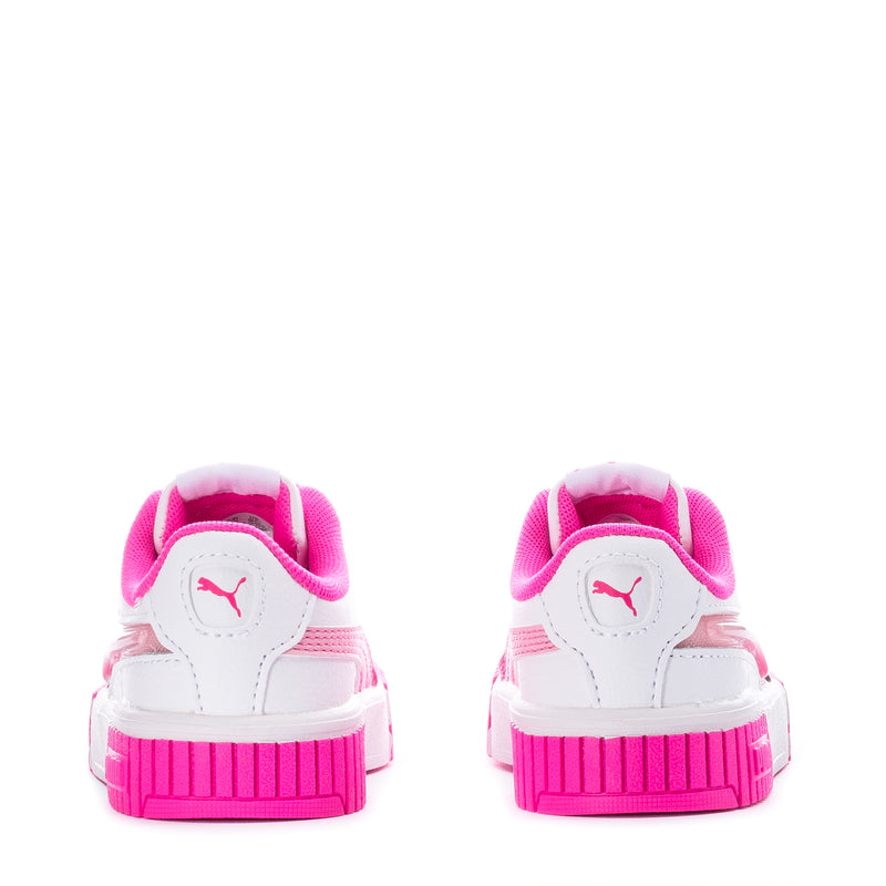 Toddler white Puma sneakers with pink heel collar, lace-up, ribbed pink platform sole