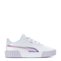 Toddler white low-top sneakers with lavender side stripe and chunky ribbed platform sole