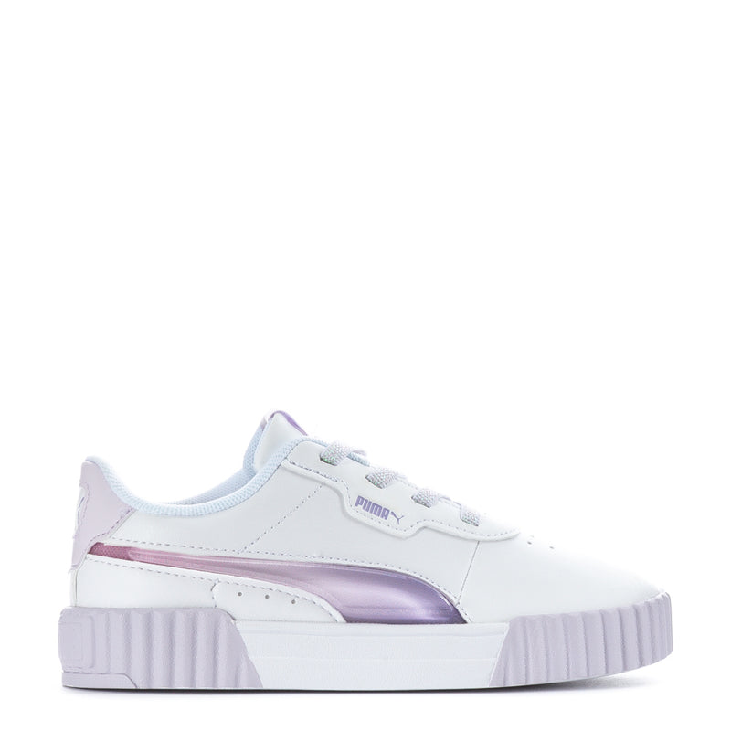 Toddler white low-top sneakers with lavender side stripe and chunky ribbed platform sole