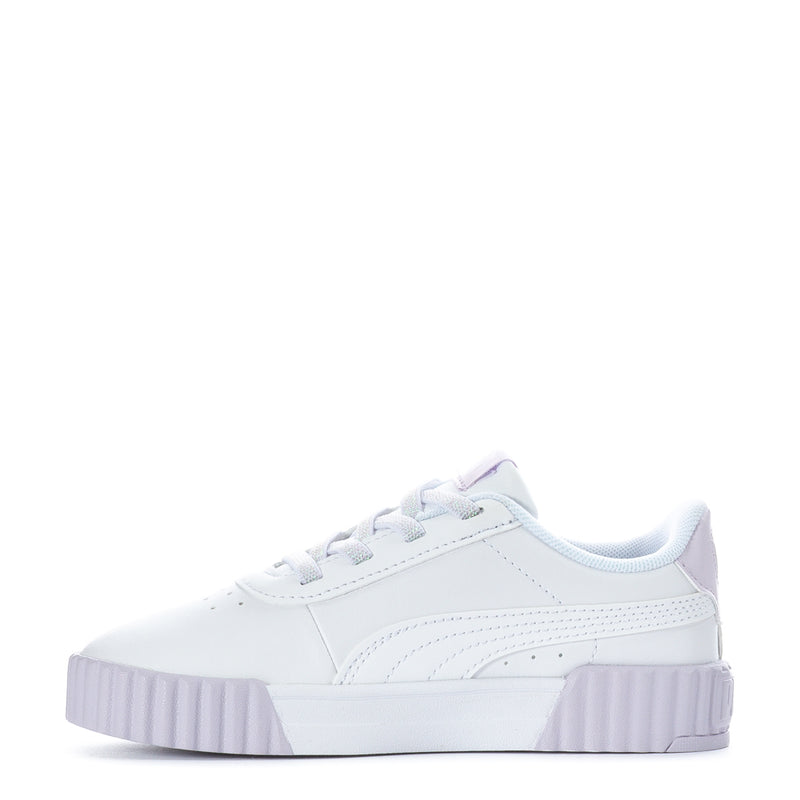 Toddler white lace-up sneakers with lavender heel accents and thick ribbed platform sole