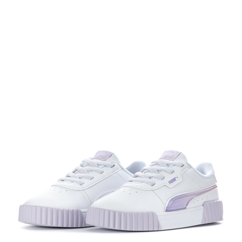 Toddler white sneakers with lavender panels, lace-up design, and chunky platform sole