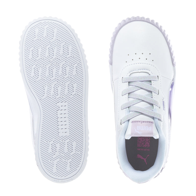 Toddler white sneakers with textured tread outsole and lace-up upper