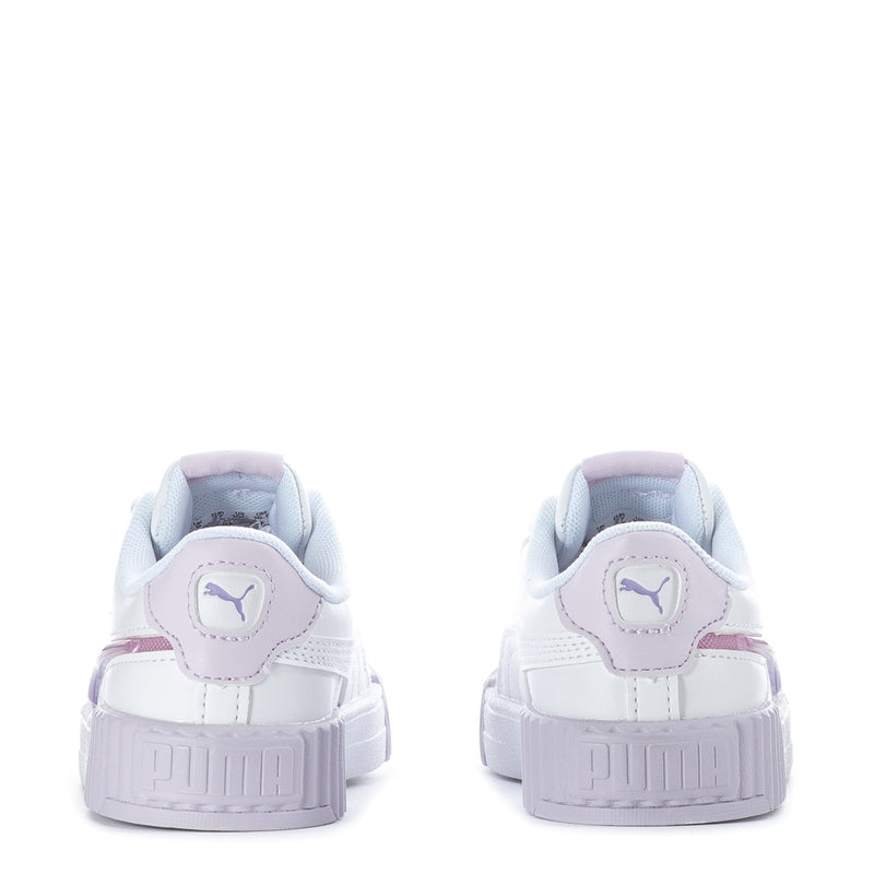 Toddler white sneakers with lavender heel tabs and thick cushioned platform sole