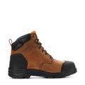 Men's tan and black steel toe work boots, padded collar, lace-up design.