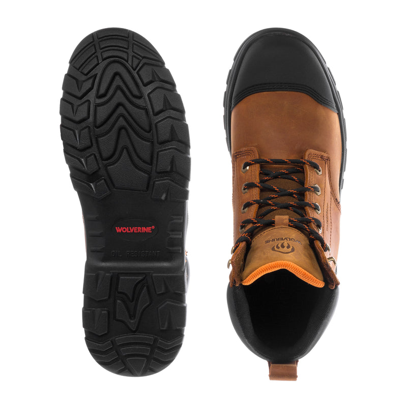 Men's steel toe boot outsole and front upper in tan with black trim.