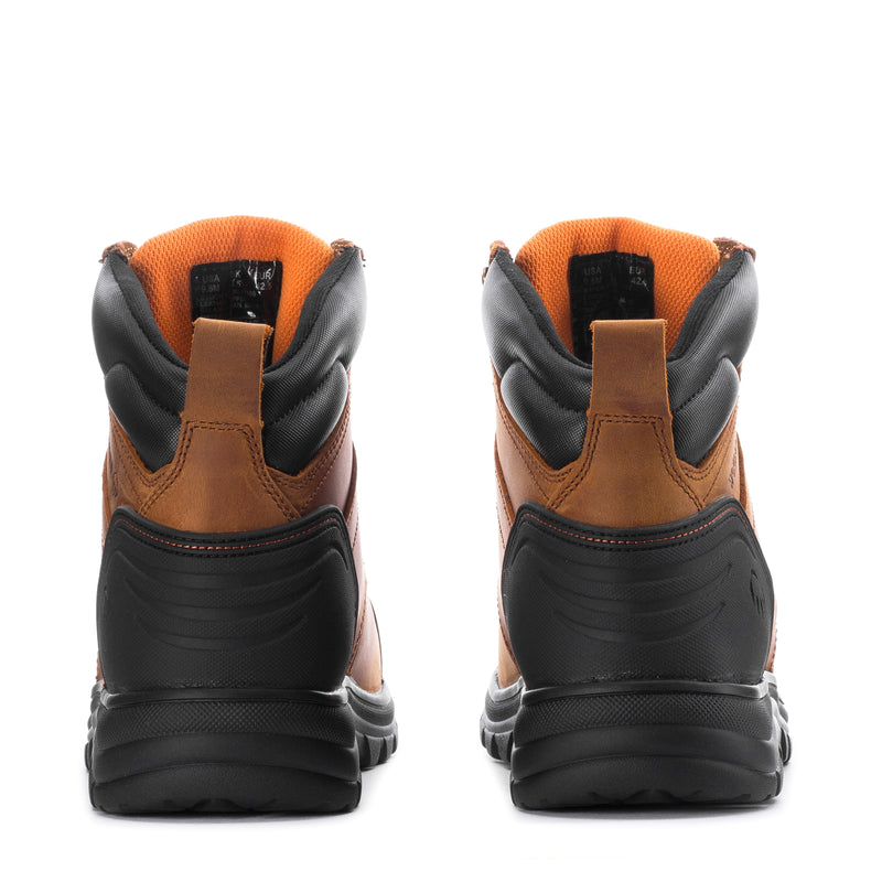 Men's tan and black work boots, rear view with padded collar and thick tread.