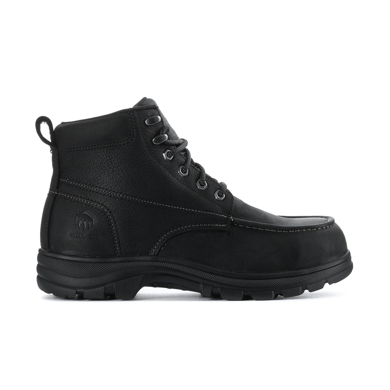 Mens black waterproof moc-toe lace-up boots with padded collar and rugged lug sole