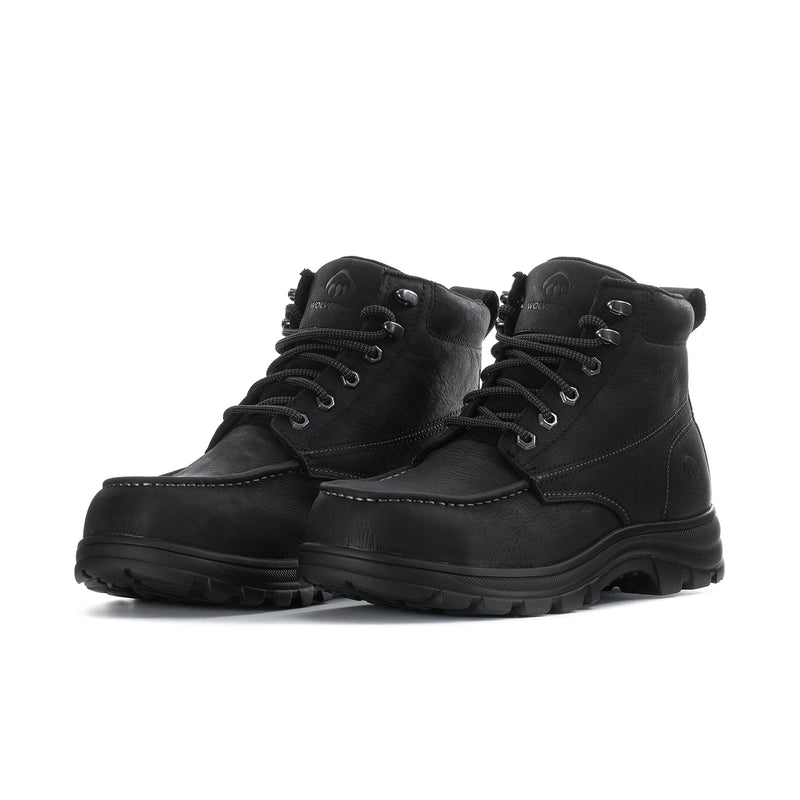 Black lace-up waterproof moc-toe boots, side view with thick tread and stitched panels