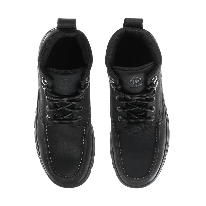Black lace-up boots with moc-toe stitching and contrast laces, top view of tongues