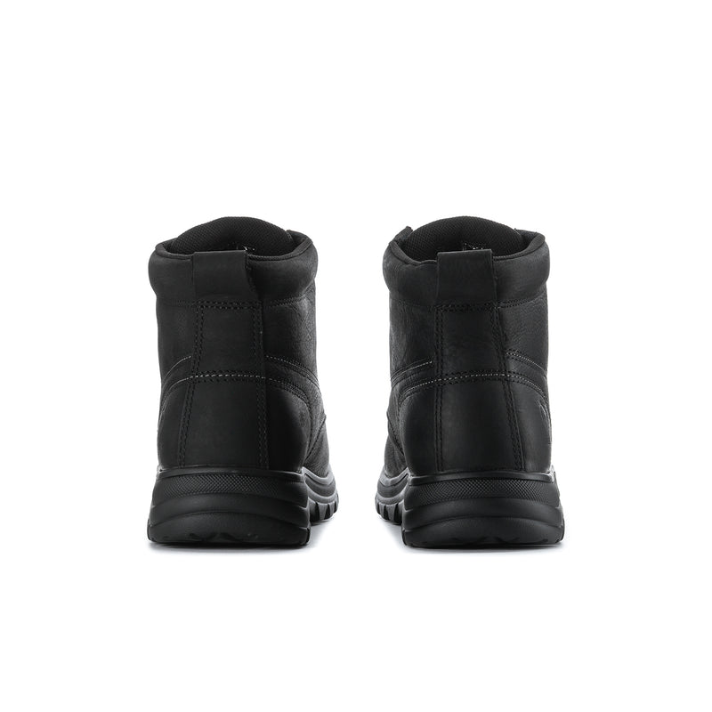 Black waterproof boots, rear view with padded ankle and layered heel collar trim