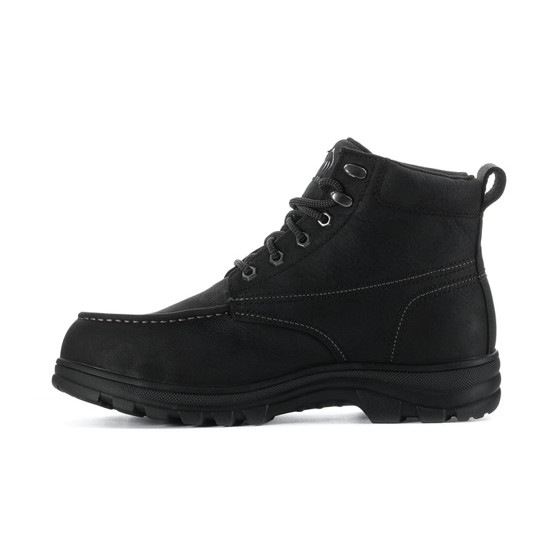 Black moc-toe lace-up waterproof boots with top pull loops and cushioned collar