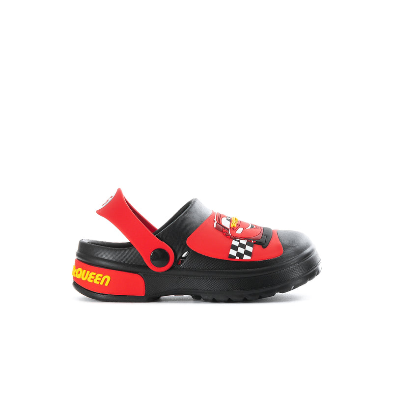 Black and red toddler EVA clog with red car graphic and checkered detail