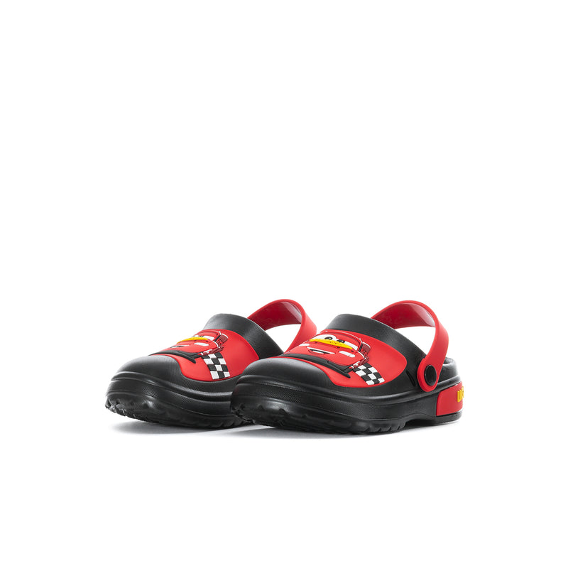 Black and red toddler EVA clogs with red top panels and car face graphics
