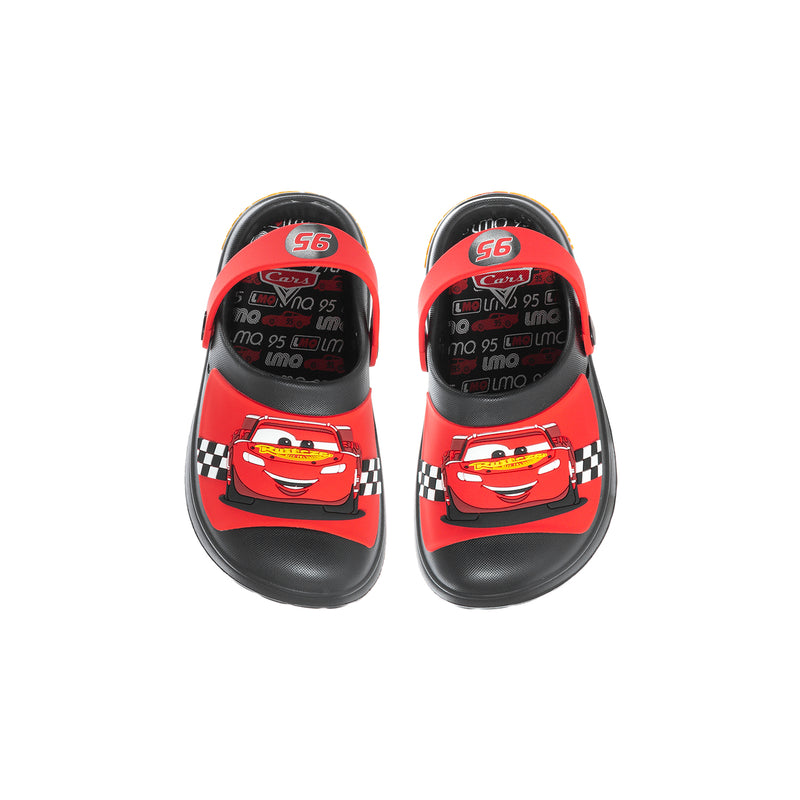 Pair of black and red toddler EVA clogs, front view with car character on top