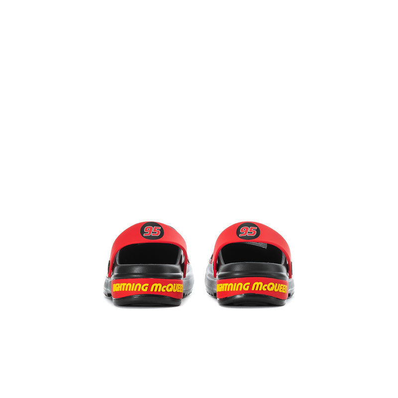 Pair of black and red toddler EVA clogs, rear view with bold red band