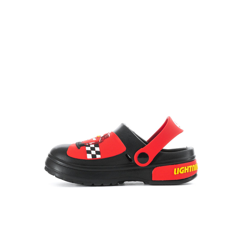 Black and red toddler EVA clog with side car graphic, strap-style heel detail