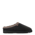 Women’s black slip-on slipper with faux fur lining and stitched trim