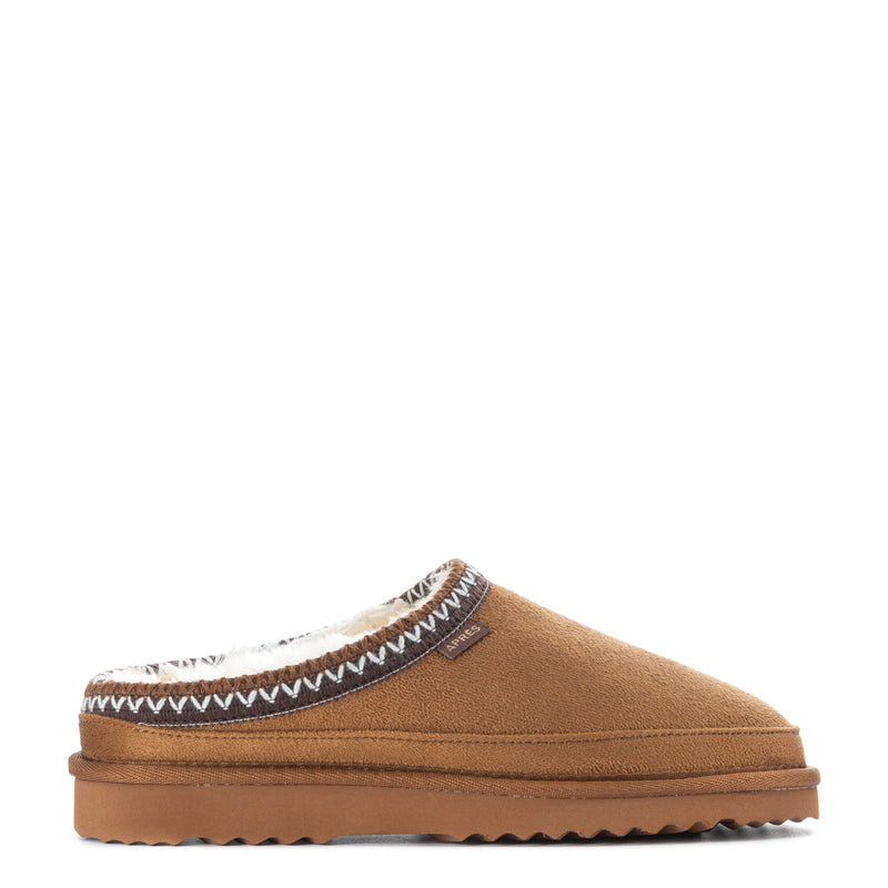 Carson women’s chestnut suede slip-on slipper with faux fur trim and zigzag stitching