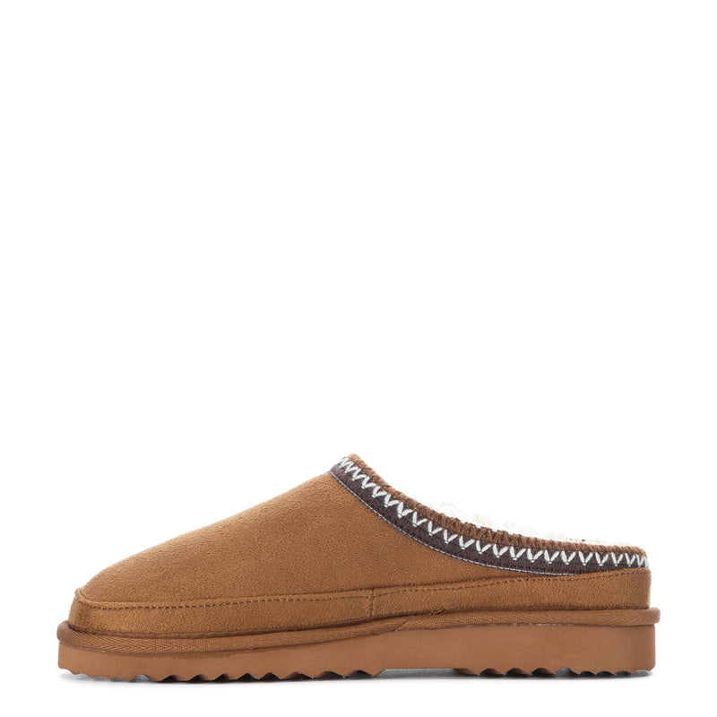 Carson women’s chestnut suede slip-on slipper with stitched instep panel and dark trim