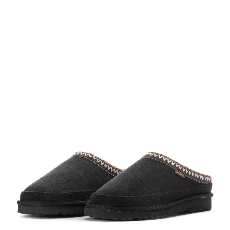Women’s black slip-on slippers pair view with zigzag trim along the collar