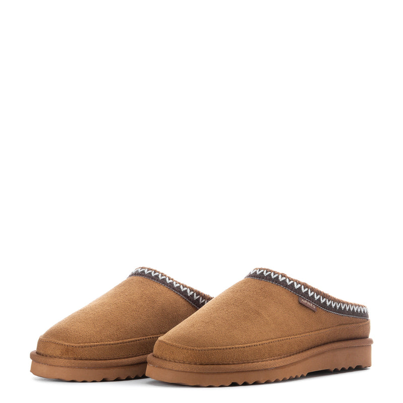 Pair of Carson women’s chestnut suede slip-on slippers with stitched zigzag collar