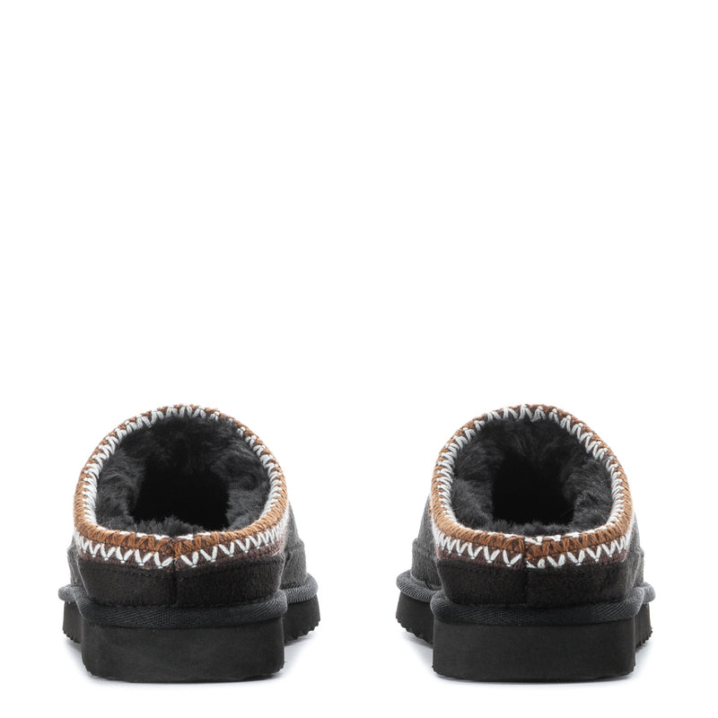 Women’s black slipper pair heel view with fuzzy lined collar