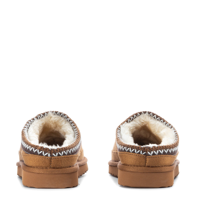 Carson women’s chestnut suede slippers with faux fur cuff and padded heel collar