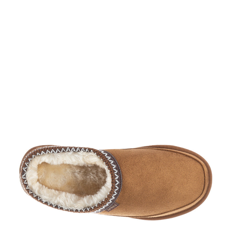 Carson women’s chestnut suede mule slipper with round padded lining and faux fur insole