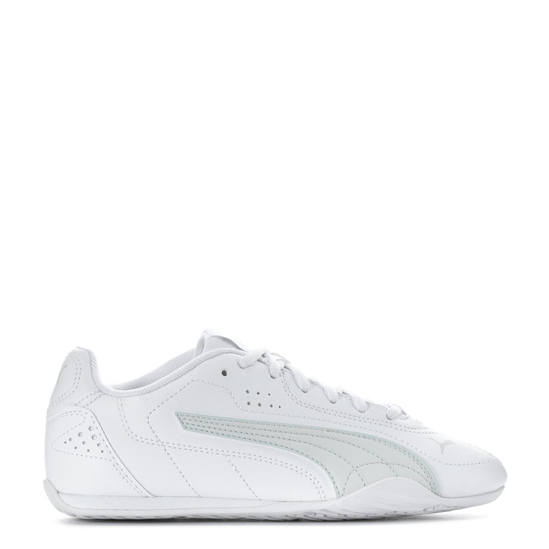 Youth low-top sneakers, white with light gray stripe accents and lace-up closure.