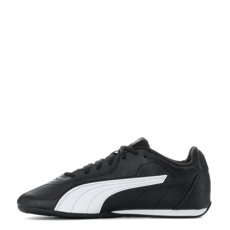 Youth black low-top sneaker with white formstrip detail and lace-up closure