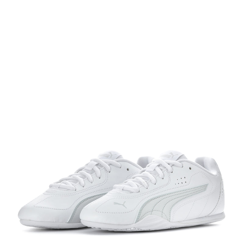 Youth low-top sneakers, white pair with gray side stripe and white laces.