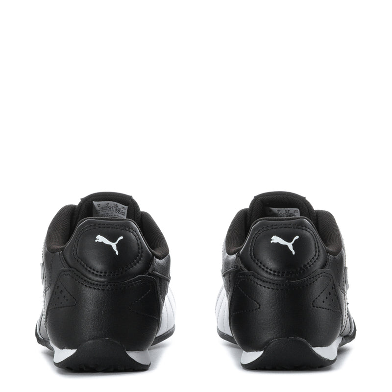 Youth black sneaker heel view with PUMA logo and lace-up upper
