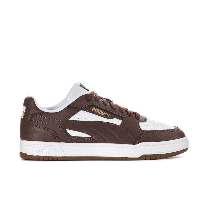 Brown and white lace-up low-top sneakers with Puma logo and textured side panels