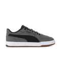 Men's Puma Caven III low-top sneakers in dark gray, black, and white with gum sole.
