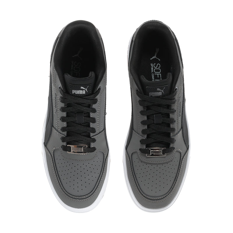 Men's Puma Caven III sneakers, shown from toe and inner side; lace-up dark gray uppers.