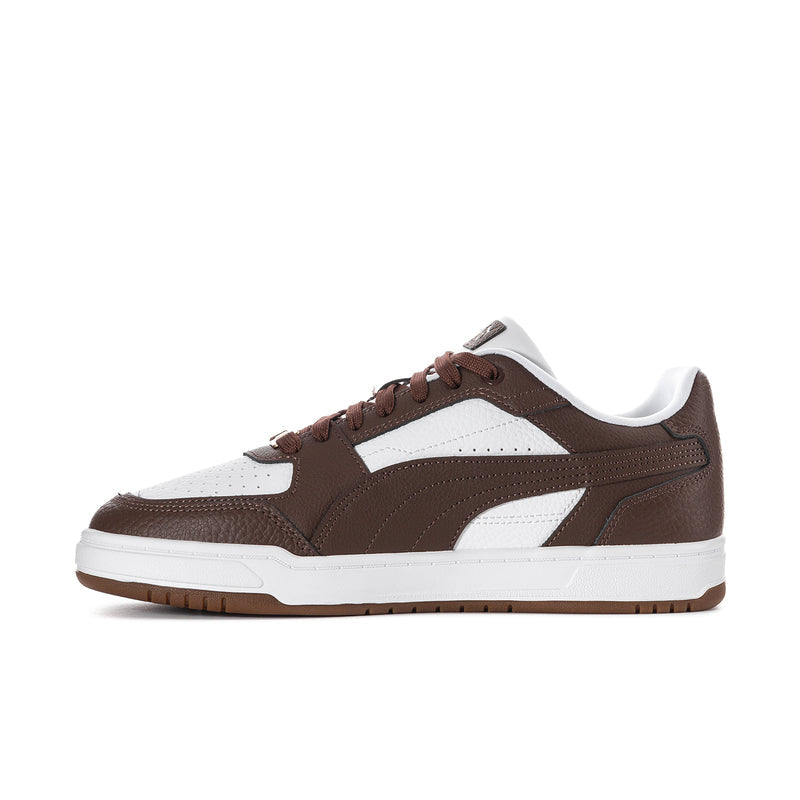 Brown and white lace-up low-top sneaker with side stripe and white midsole